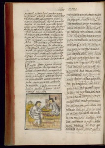 Fragmento de códice con ilustración de dos personas sentadas — Bernardino de Sahagún