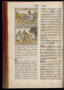 Página de un códice histórico que presenta dos escenas ilustradas — Bernardino de Sahagún