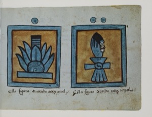 Dos glifos mexicas: Maguey y figura humana — Anónimo tlacuilo (Códice Magliabecchiano)