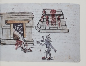 Escena de sacrificio o ritual azteca — Anónimo tlacuilo (Códice Magliabecchiano)