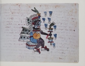 Guerrero mexica con atavíos rituales y ofrendas — Anónimo tlacuilo (Códice Magliabecchiano)