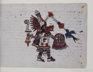 Deidad Mexica con atuendo ceremonial y armas — Anónimo tlacuilo (Códice Magliabecchiano)