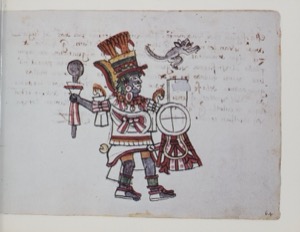 Guerrero mexica con insignias y un perro — Anónimo tlacuilo (Códice Magliabecchiano)