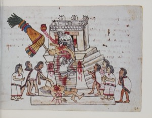 Sacrificio azteca en la pirámide — Anónimo tlacuilo (Códice Magliabecchiano)