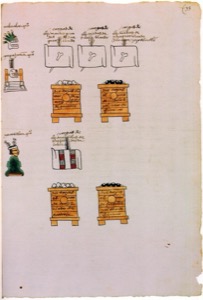 Páginas de tributos y ofrendas en un códice prehispánico — Anónimo tlacuilo mexica (Códice Mendoza)
