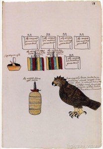 Página de un códice que documenta objetos y un ave — Anónimo tlacuilo mexica (Códice Mendoza)