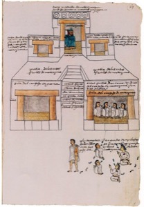 Descripción de edificio azteca y figuras humanas — Anónimo tlacuilo mexica (Códice Mendoza)