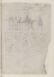 Página de un manuscrito antiguo con un boceto de siete — Anónimo novohispano