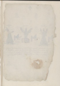 Página de un manuscrito antiguo con tres figuras estilizadas — Anónimo novohispano