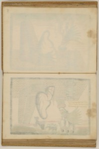 Páginas de un libro antiguo con dos grabados descoloridos — Anónimo novohispano