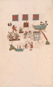 Página de un códice mesoamericano que ilustra escenas de — Anónimo novohispano