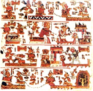 Página de un códice mesoamericano que presenta múltiples escenas dispuestas — Anónimo mixteco