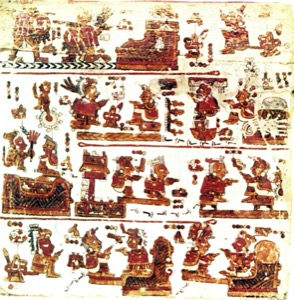 Página de un códice maya con múltiples escenas organizadas — Anónimo mixteco