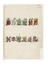 Página de un códice mesoamericano con dos filas de glifos — Anónimo tlacuilo mexica (Códice Tudela)