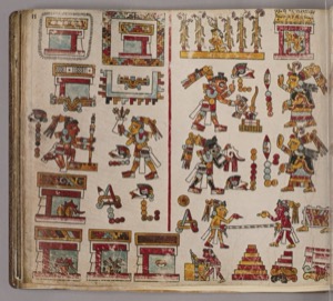 Páginas de un códice prehispánico con representaciones rituales y arquitectónicas — Anónimo mixteco