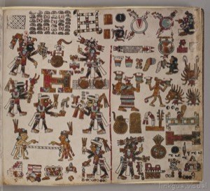 Páginas de códice precolombino con figuras antropomorfas y calendáricas