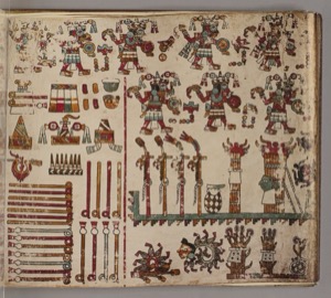 Páginas de códice con representaciones de deidades y rituales mexicas — Anónimo mixteco