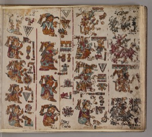 Páginas de códice maya con glifos y figuras antropomorfas — Anónimo mixteco