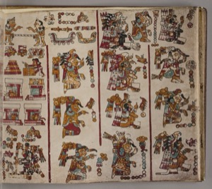 Página de un códice mesoamericano con múltiples paneles que narran — Anónimo mixteco