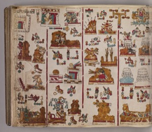 Página de códice prehispánico con iconografía religiosa y calendárica — Anónimo mixteco