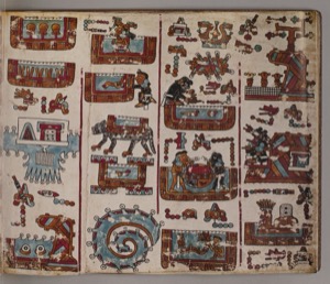 Página de un códice prehispánico con múltiples viñetas que ilustran — Anónimo mixteco