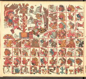 Página de un códice mesoamericano con una escena central — Anónimo tlacuilo mexica (Códice Aubin)