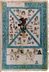 Códice de la conquista: águila sobre nopal y guerreros mexicas — Anónimo tlacuilo mexica (Códice Mendoza)