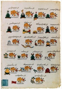 Páginas de un códice mesoamericano con glifos y escritura pictográfica — Anónimo tlacuilo mexica (Códice Mendoza)