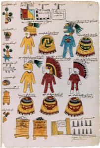 Tiras de vestimenta y tocados de guerreros mexicas — Anónimo tlacuilo mexica (Códice Mendoza)
