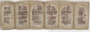 Páginas de un códice antiguo con texto y adornos — Anónimo maya