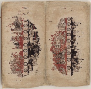 Páginas de un códice mesoamericano con escritura jeroglífica y figuras — Anónimo maya