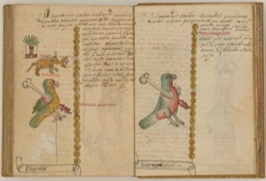 Manuscrito ilustrado que presenta dos páginas abiertas con texto caligráfico — Anónimo novohispano (Códice Ramírez)