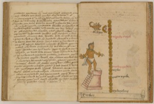 Un códice colonial abierto que presenta texto manuscrito en español — Anónimo novohispano (Códice Ramírez)