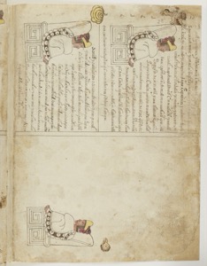 Páginas de un códice con figuras y escritura prehispánica — Anónimo tlacuilo mexica (Códice Cozcatzin)