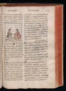 Fragmento de un libro antiguo con ilustración y texto en español — Bernardino de Sahagún