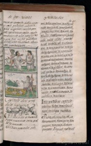 Página de un libro antiguo con texto impreso en dos — Bernardino de Sahagún (coord.)