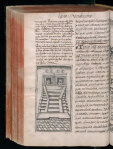Grabado de pirámide en antiguo códice — Bernardino de Sahagún