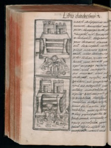 Ilustración de un códice con arquitectura y figuras prehispánicas — Bernardino de Sahagún