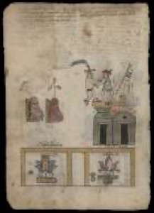 Página de códice prehispánico con glifos y escenas — Anónimo otomí