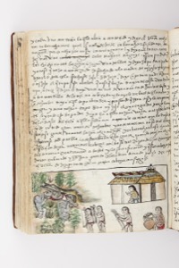 Página de un códice histórico que combina texto manuscrito — Anónimo purépecha