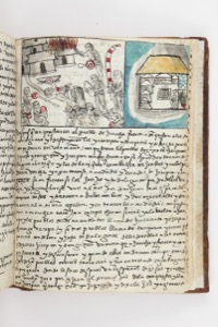 Ilustración de códice prehispánico con escena bélica y arquitectónica — Anónimo (atribuido a Jerónimo de Alcalá, OFM)