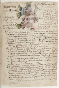Códice con glifos y escritura náhuatl, imagen de un guerrero águila — Anónimo tlacuilo (Códice Telleriano-Remensis)