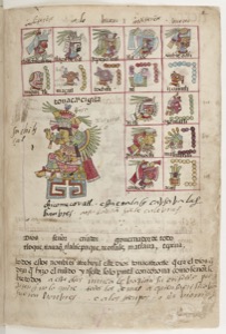 Códice Borbónico: — Página con calendarios y figuras aztecas — Anónimo tlacuilo mexica (Códice Borbónico)