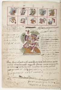 Página de Códice con figura central y Glifos — Anónimo tlacuilo (Códice Telleriano-Remensis)