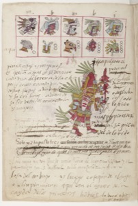 Códice Borbónico: — Página con calendario y figura de deidad — Anónimo tlacuilo mexica (Códice Borbónico)