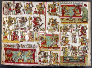 Página de códice maya con glifos y figuras antropomorfas — Anónimo mixteco
