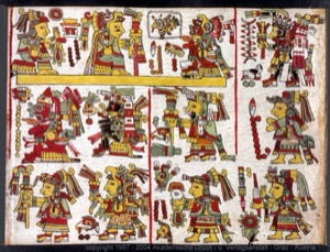 Página de un códice prehispánico que presenta múltiples figuras antropomorfas — Anónimo mixteco