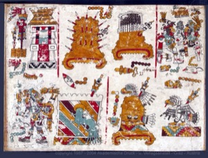 Página de un códice mesoamericano con múltiples escenas y figuras — Anónimo mixteco