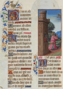 Iluminación medieval con torre y figura — Folio 52v Prayer Of