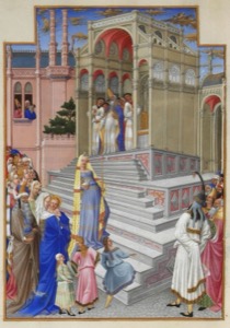 Escena cortesana con multitud y arquitectura elaborada — Folio 54v The Purification Of The